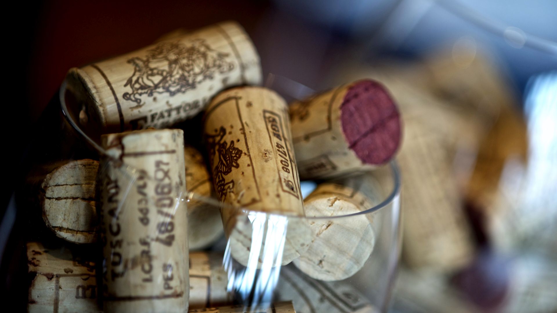 bicchiere pieno di tappi ad anteprima vini della costa toscana 